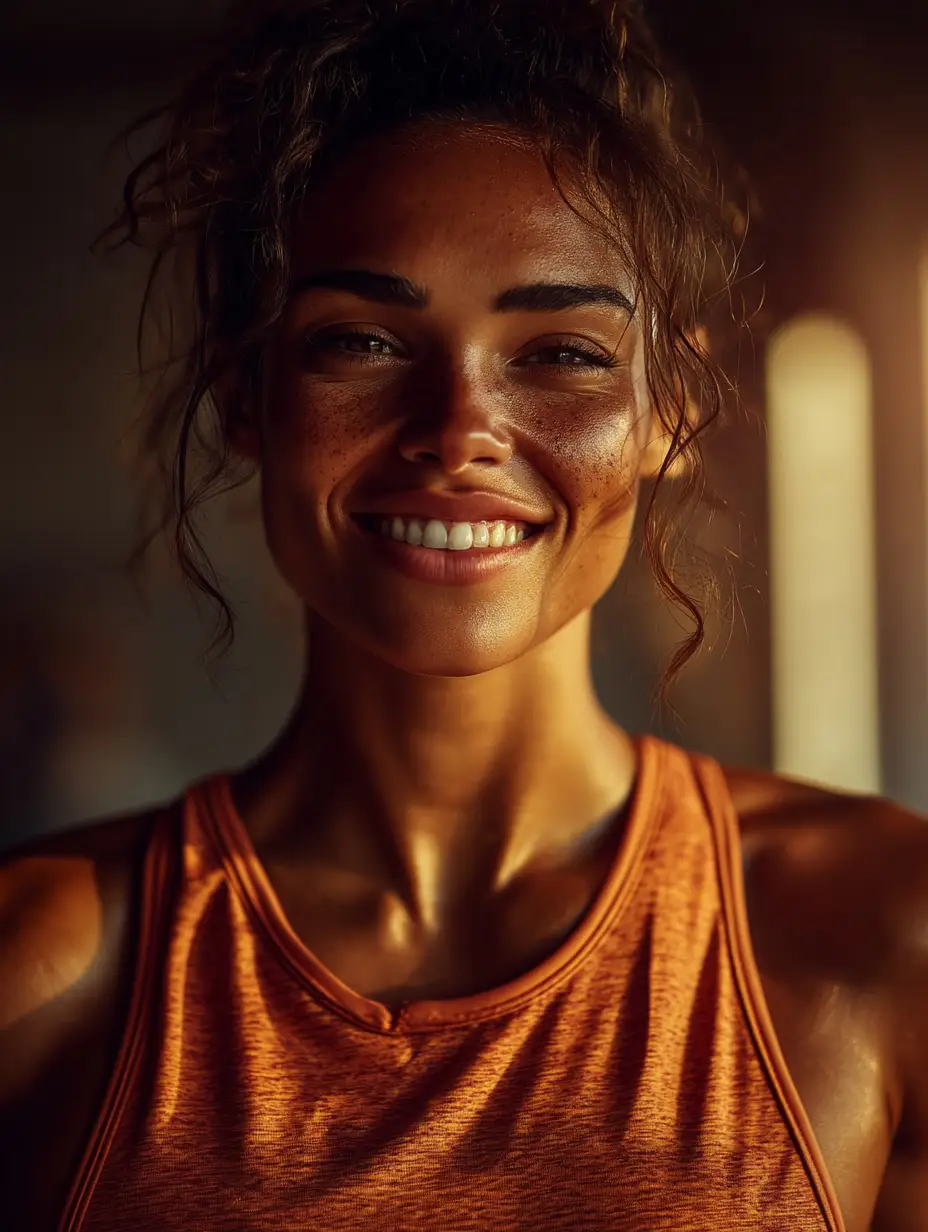 Warm close-up of Rachel smiling after a workout, conveying confidence and approachability.